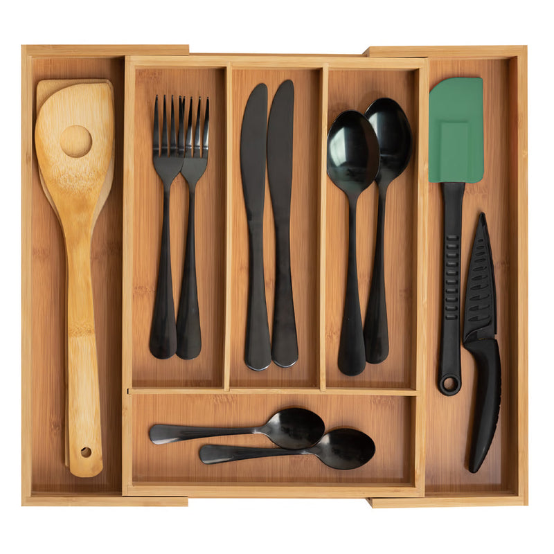 Range-couverts extensible 6 compartiments en bambou FSC, longueur réglable 25 à 40 cm