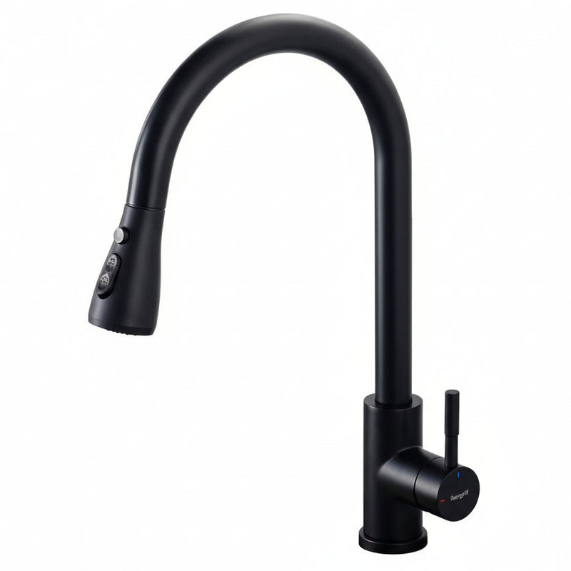 Robinet de cuisine noir arc élevé 360° avec douchette extractible 3 modes, finition mate