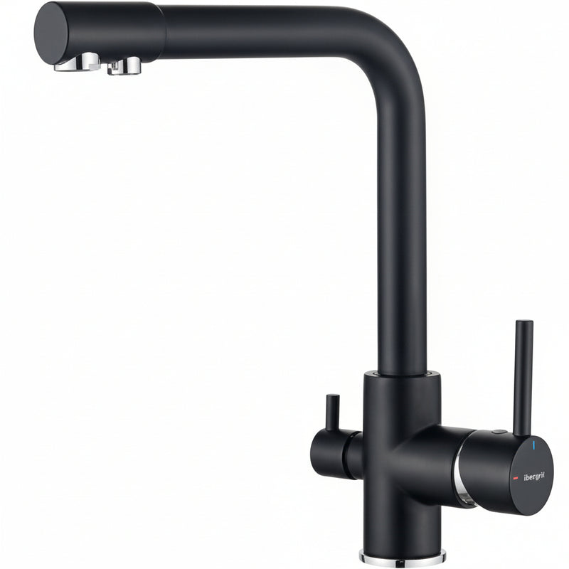 Robinet cuisine 3 voies double poignée noir pivotant 360°, compatible eau filtrée, cartouche céramique