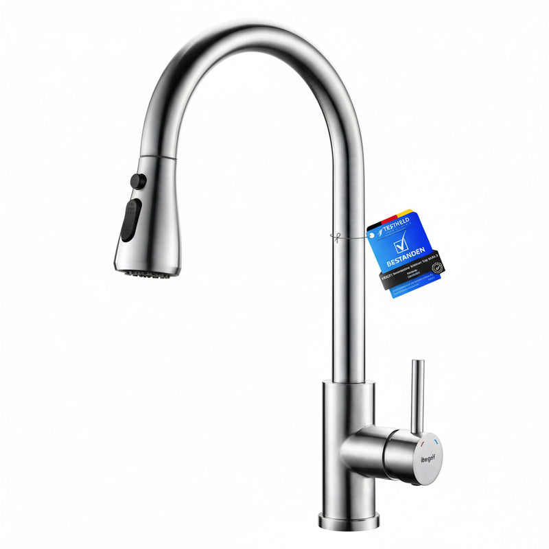 Robinet mitigeur cuisine arc élevé inox, douchette extensible 3 modes et rotation 360°