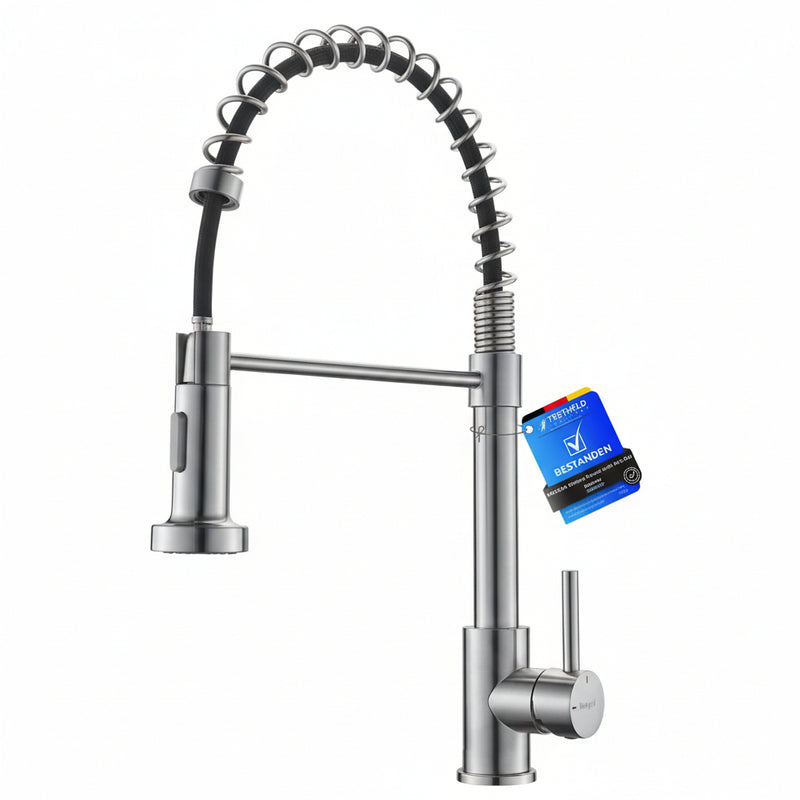 Robinet mitigeur arc élevé ressort inox brossé, douchette extensible 360°, style industriel