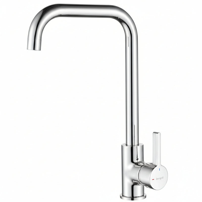 Mitigeur évier bec haut pivotant 360° chromé argent, monocommande, cartouche céramique