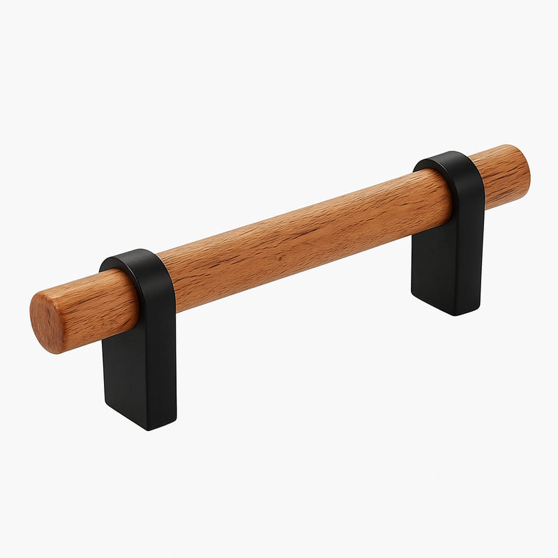 Poignée de meuble cuisine 149mm métal noir mat et bois, finition contemporaine