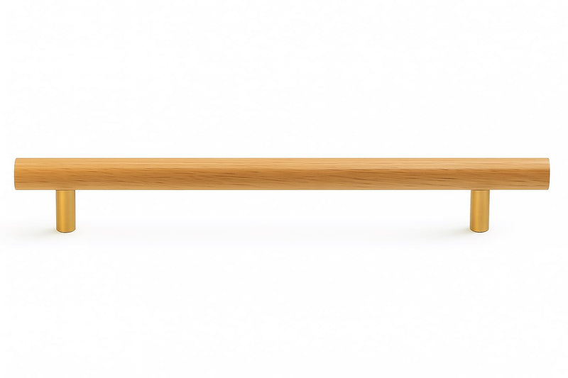 Poignée de cuisine 223mm bois clair et métal doré, finition contemporaine sur mesure
