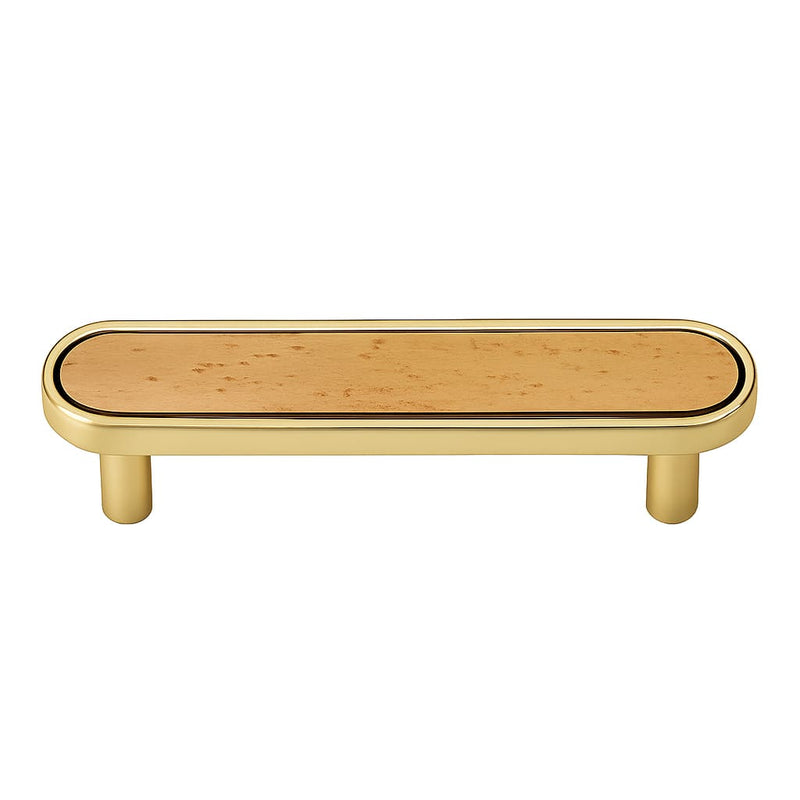 Poignée de meuble cuisine 117mm métal doré et bois, finition bicolore contemporaine