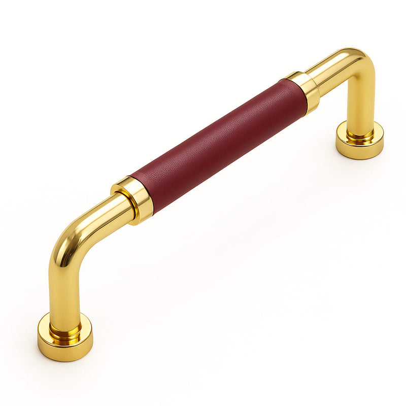Poignée de cuisine 140mm métal doré avec cuir taupe, accessoire sur mesure