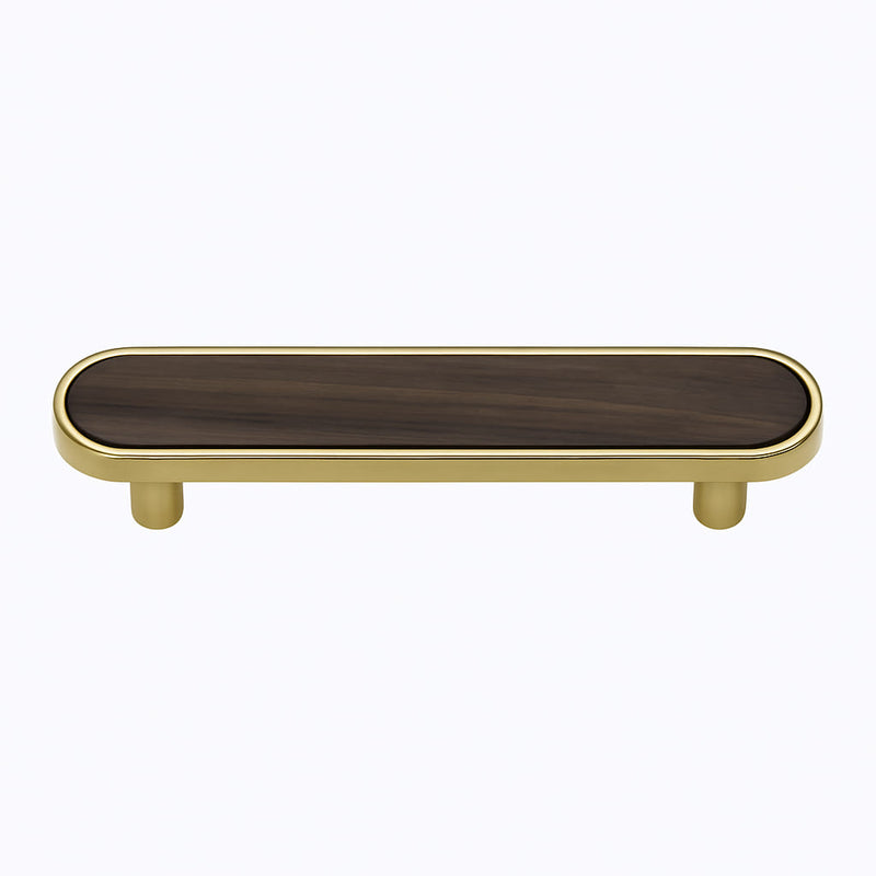 Poignée de meuble cuisine 150mm métal doré et bois foncé, finition bimatière