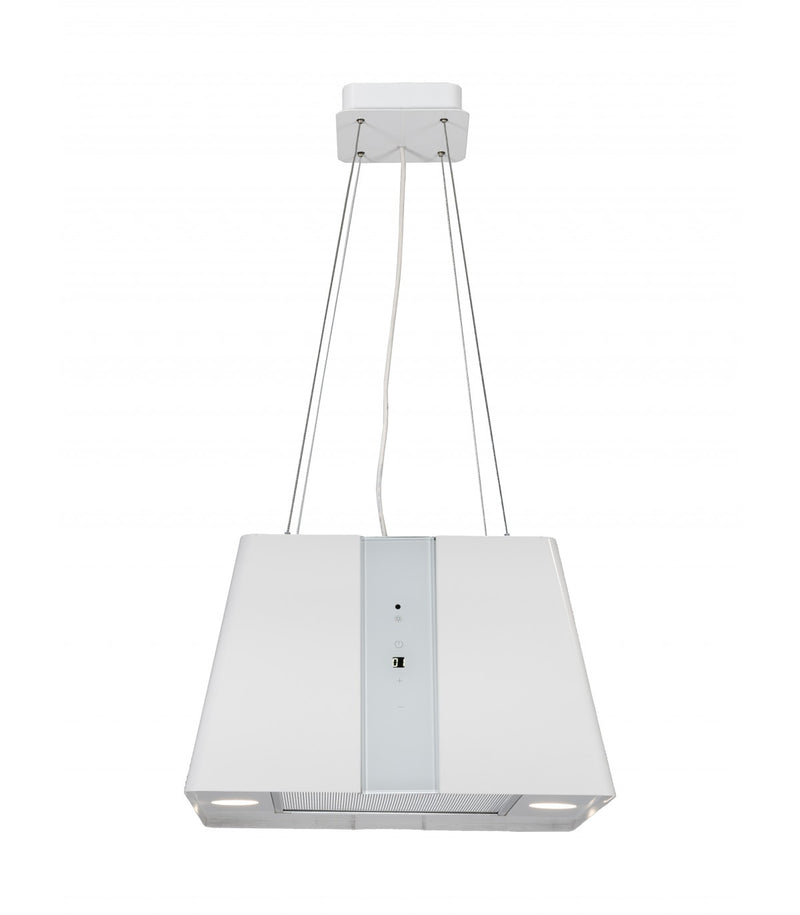 Hotte îlot carrée blanche 45 cm suspendue, 720 m³/h, touches tactiles, cuisine contemporaine