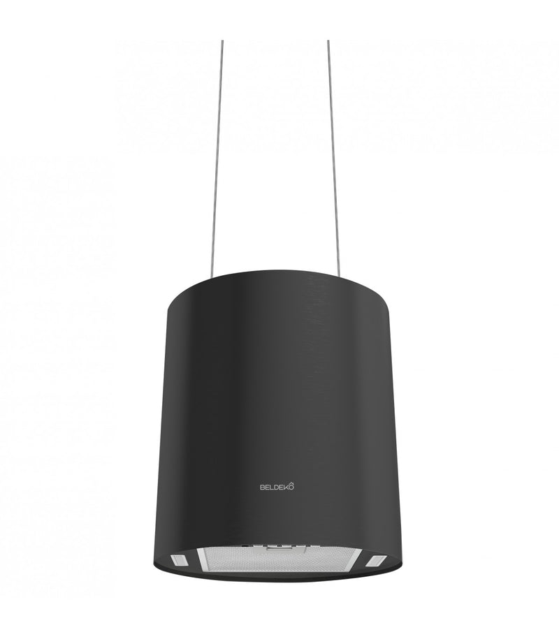 Hotte îlot ronde suspendue noire, aspiration périmétrale 550 m³/h, cuisine avec îlot central