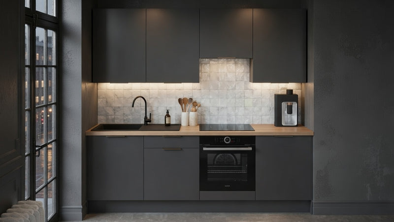 Cuisine complète mélaminé façades lisses et meubles hauts, design sobre et épuré sur mesure