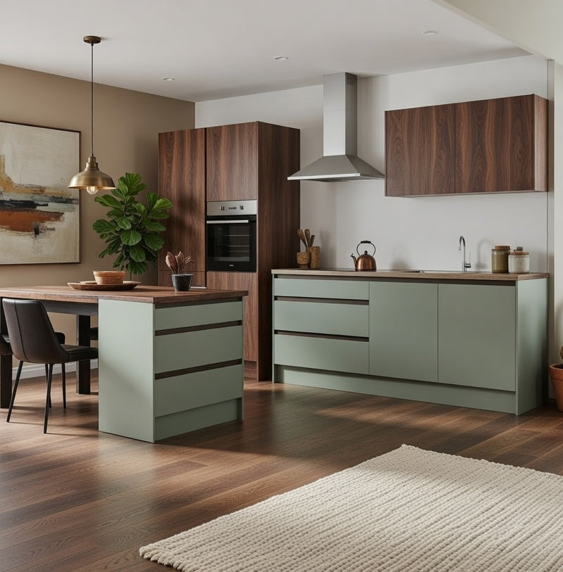 Cuisine avec îlot central mélaminé, colonne four intégrée, design épuré sur mesure