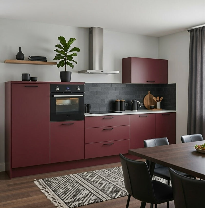 Cuisine droite laquée mate Avia, meubles bas et éléments ouverts sur mesure