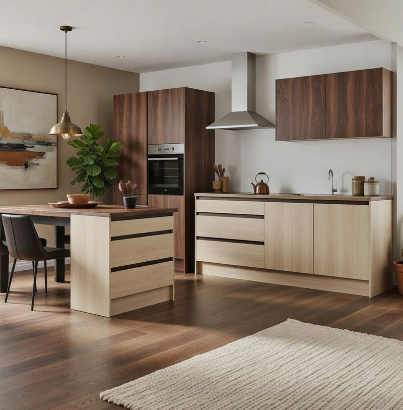 Cuisine avec îlot central texturé, colonne four intégrée, ensemble organisé sur mesure