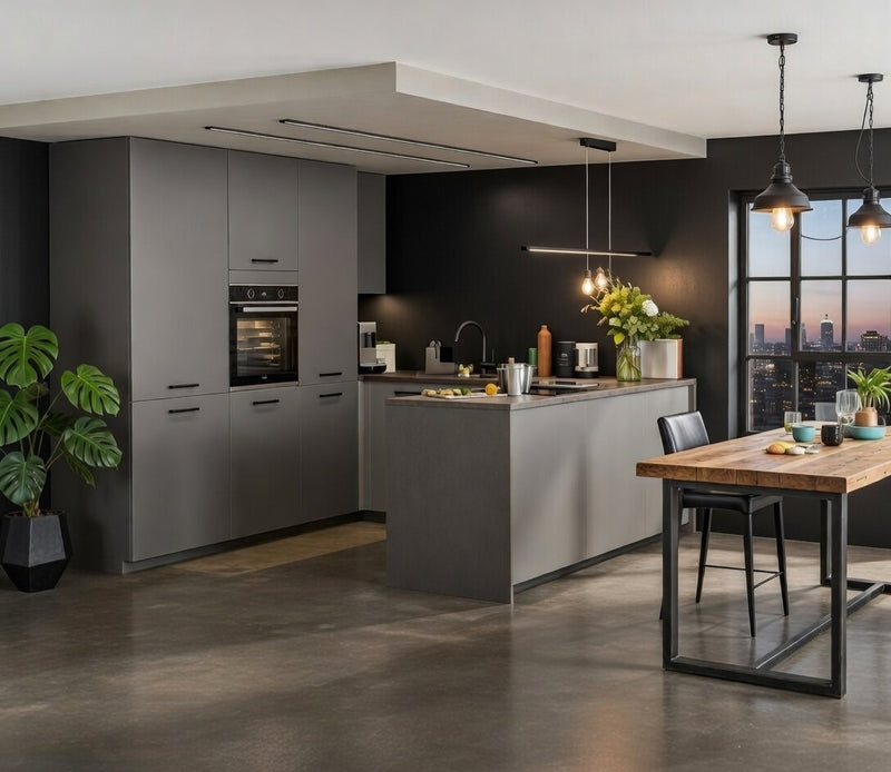 Cuisine équipée mélaminé avec îlot central et mur d'armoires, agencement sur mesure