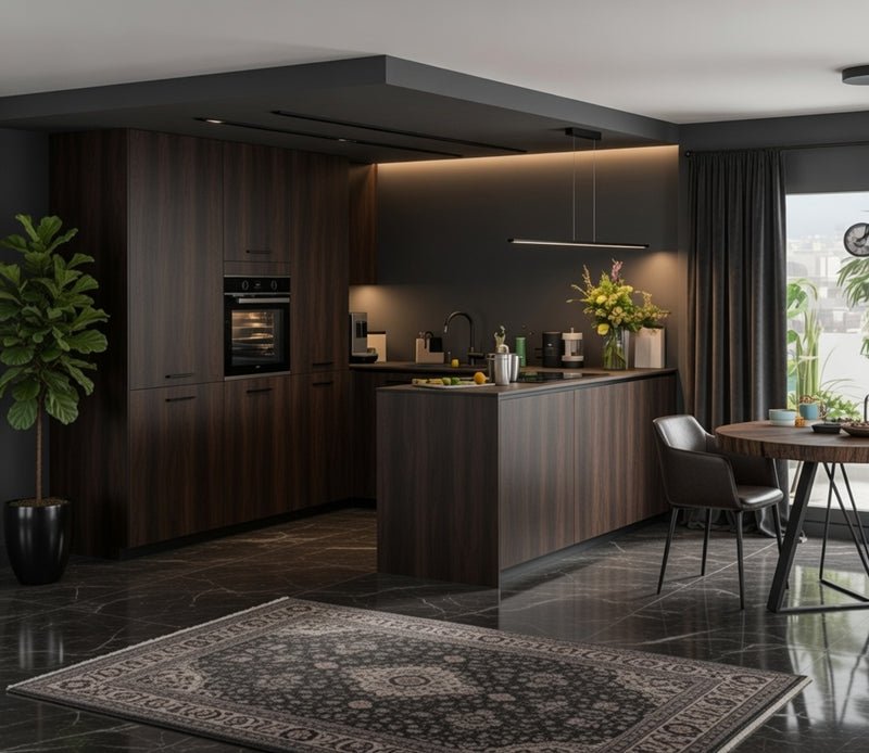 Cuisine avec îlot central et mur d'armoires, façades texturées sur mesure