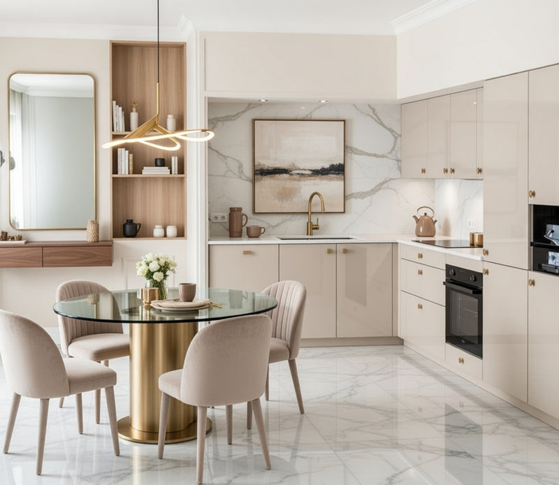 Cuisine d'angle laquée brillante blanche avec table intégrée, agencement mural optimisé