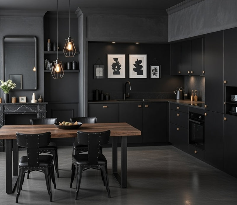 Cuisine d'angle laquée mate blanc cassé, meubles bas et hauts sur mesure, coin repas intégré