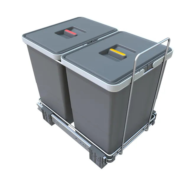 Poubelle coulissante tri sélectif 2x12L, structure fil acier gris, meuble cuisine 30cm