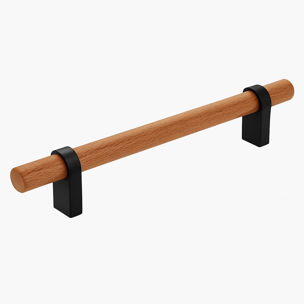 Poignée de meuble cuisine 180mm métal noir mat et bois, finition bimatière