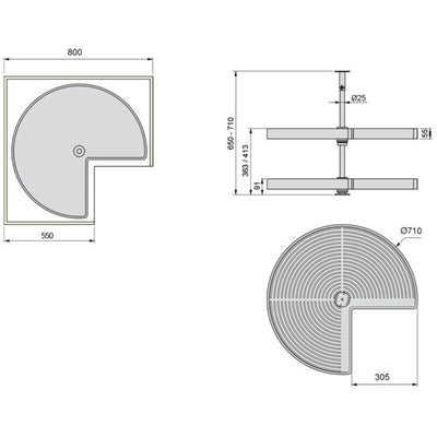Plateaux tournants 3/4 : 2 plateaux Ø710 mm polyéthylène gris, barre alu anodisé mat