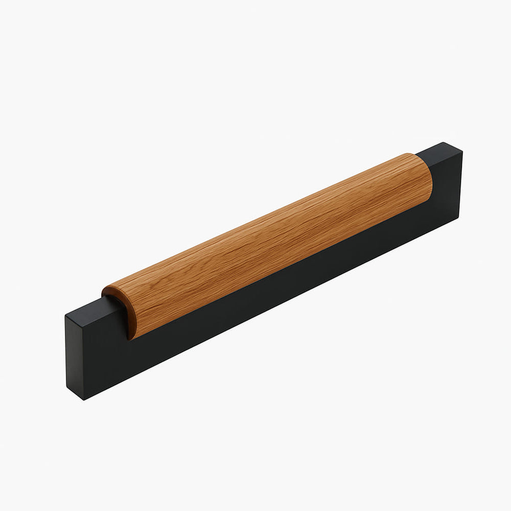 Poignée de meuble cuisine 180mm métal noir mat et bois, finition bimatière