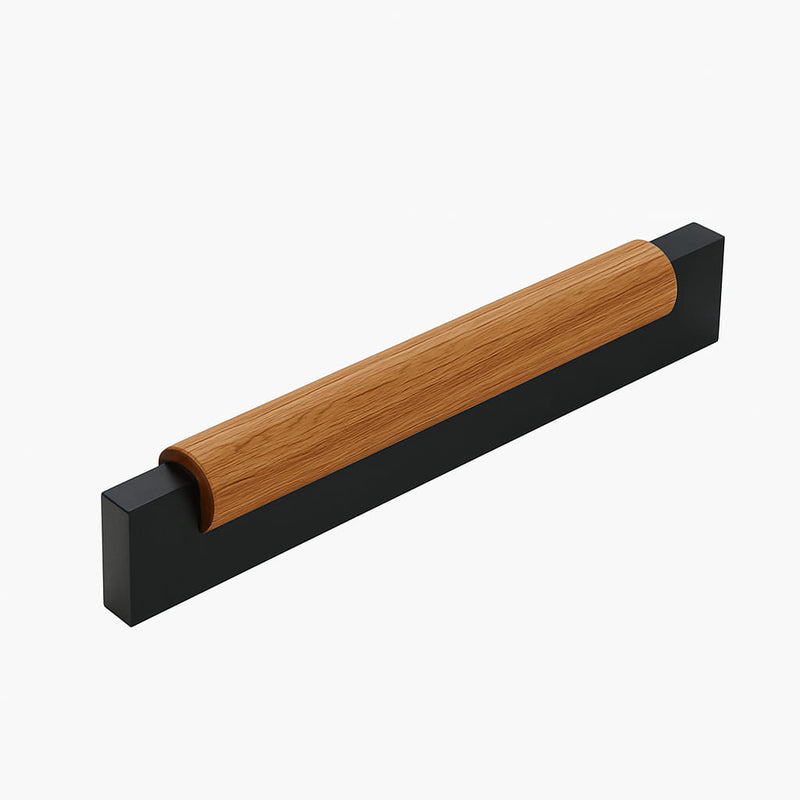 Poignée de meuble cuisine 180mm métal noir mat et bois, finition bimatière