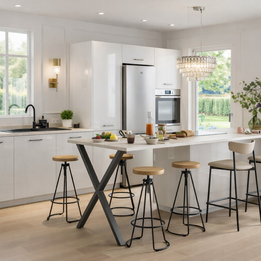 Cuisine ouverte avec îlot central, meubles laqués brillants côté mural, design épuré contemporain