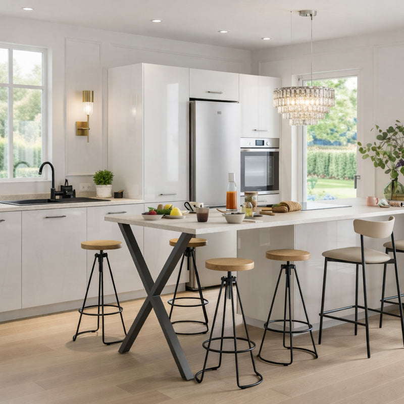 Cuisine ouverte avec îlot central, meubles laqués brillants côté mural, design épuré contemporain