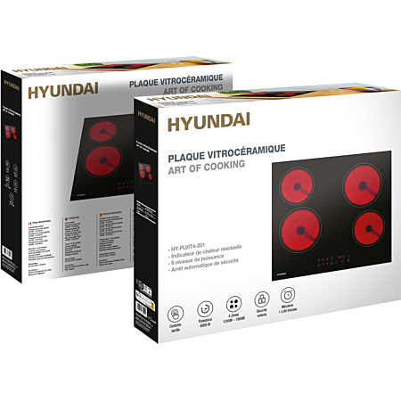 Plaque vitrocéramique HYUNDAI HY-PLVIT4-001 : 4 foyers encastrable 6000 W noir, touches sensitives, minuteur et verrouillage enfant