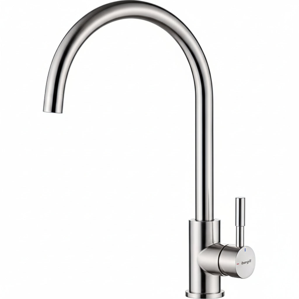 Mitigeur évier bec haut pivotant 360° inox gris brossé, monocommande cartouche céramique