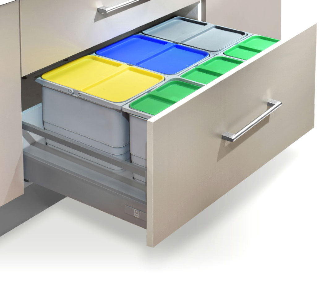 Set 6 poubelles tri sélectif pour tiroir 80cm, 3x14L et 3x6L avec base fixatrice