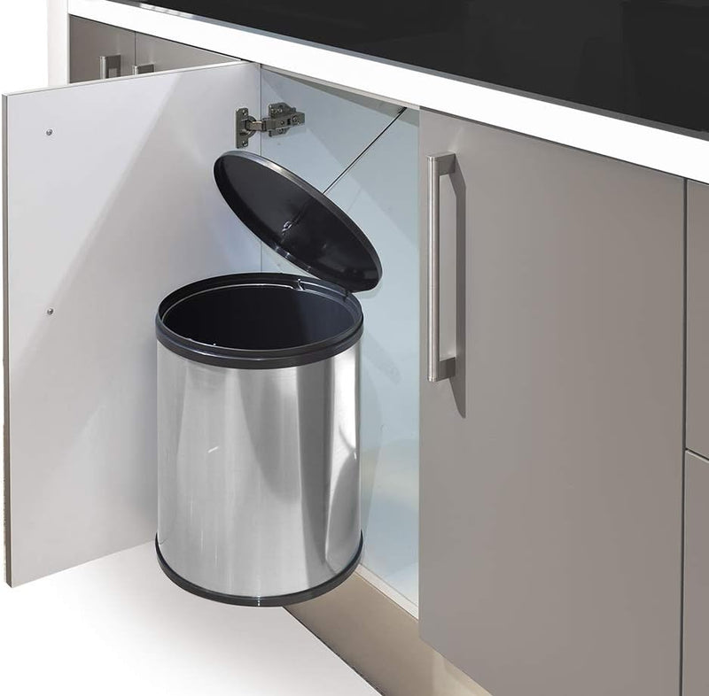 Poubelle de cuisine 15L sur porte pivotante, ouverture automatique, finition inox et noir