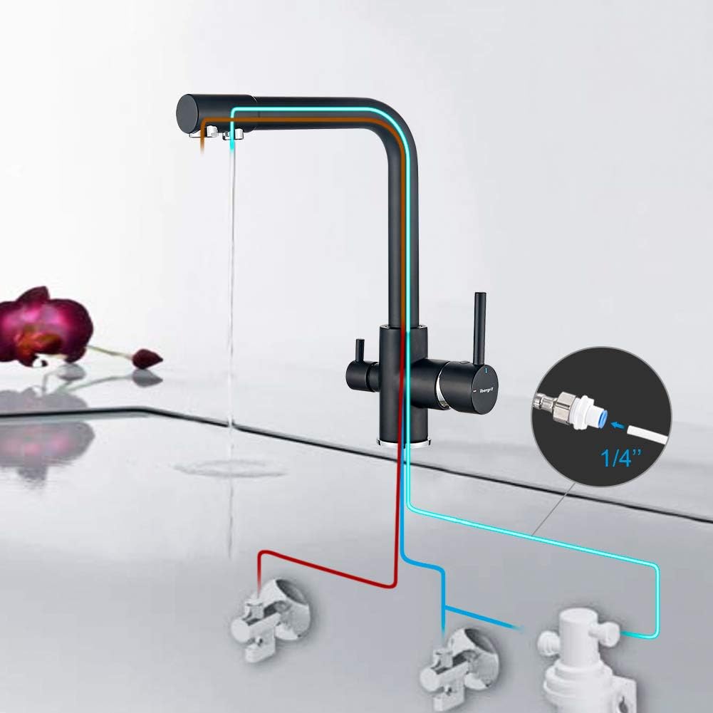 Robinet cuisine 3 voies : Double poignée pivotant 360° noir, compatible eau filtrée potable, cartouche céramique et kit installation inclus