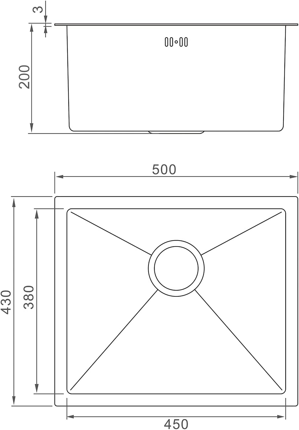 Évier cuisine : 1 bac 50x43 cm inox or, profondeur 20 cm, encastrable ou sur plan et filtre de vidange inclus