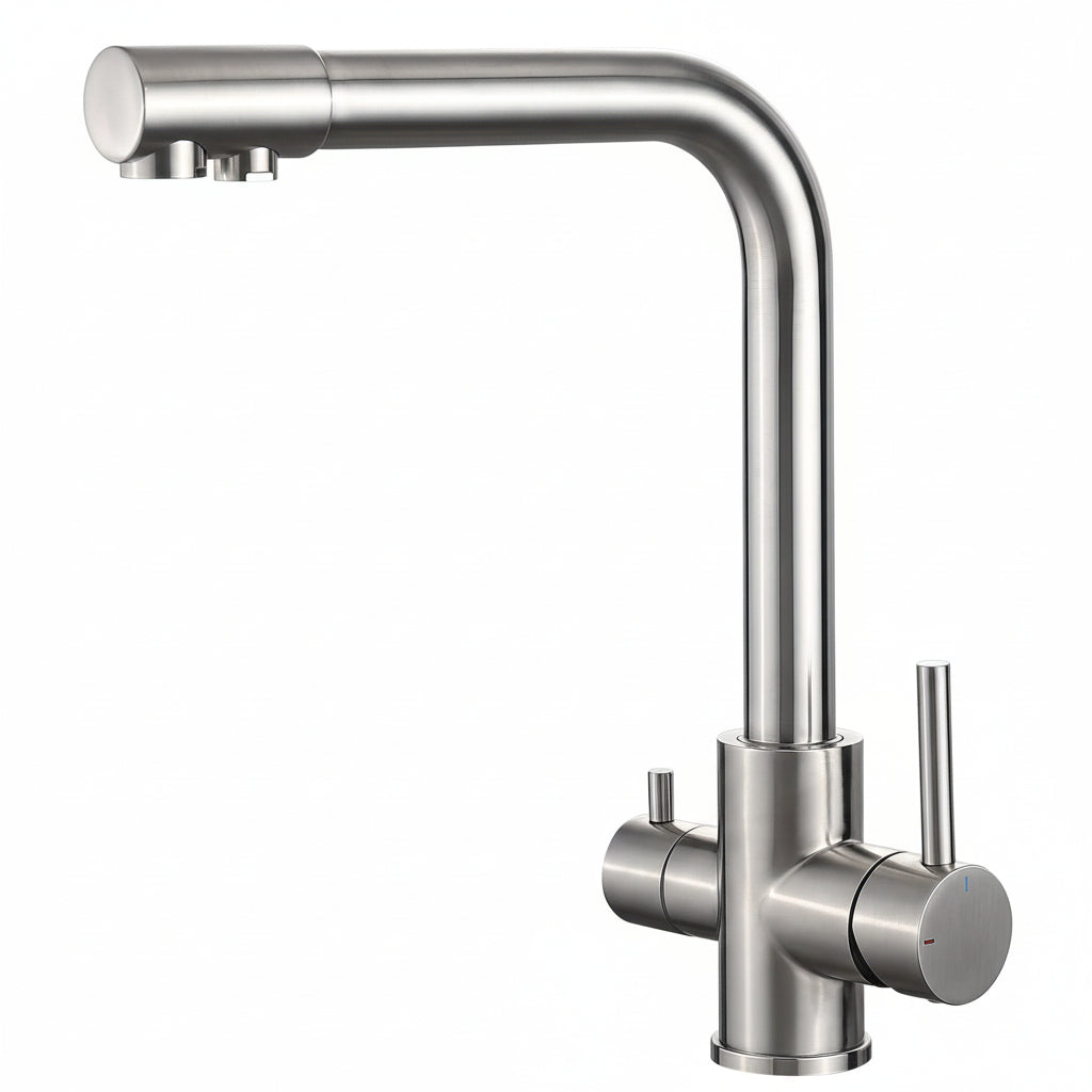 Robinet mitigeur cuisine bec flexible pivotant 360° en inox brossé, 2 modes de pulvérisation