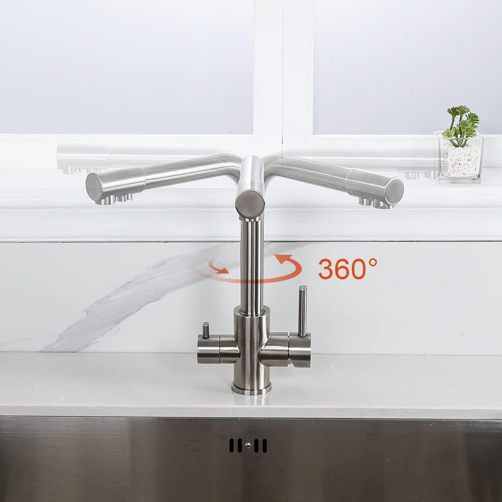 Robinet cuisine : Bec flexible pivotant 360° inox brossé, 2 modes de pulvérisation, Cold Start et kit installation inclus