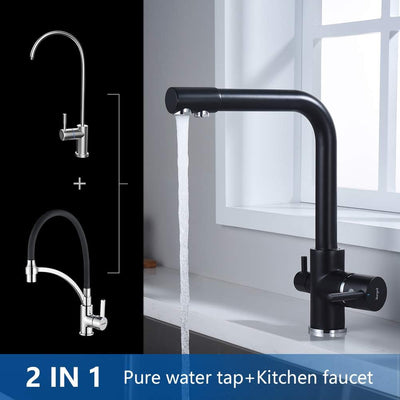 Robinet cuisine 3 voies : Double poignée pivotant 360° noir, compatible eau filtrée potable, cartouche céramique et kit installation inclus