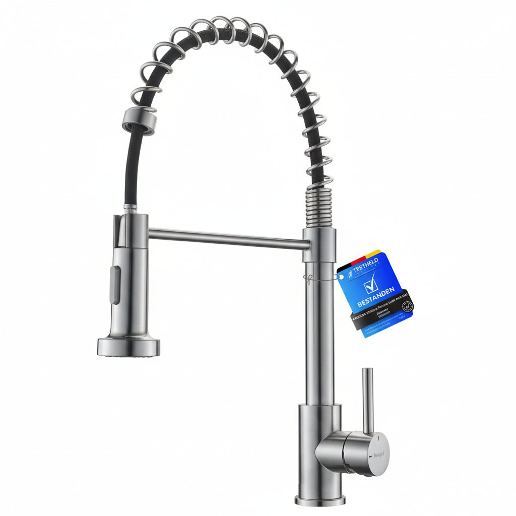 Robinet mitigeur arc élevé ressort inox brossé, douchette extensible 360°, style industriel