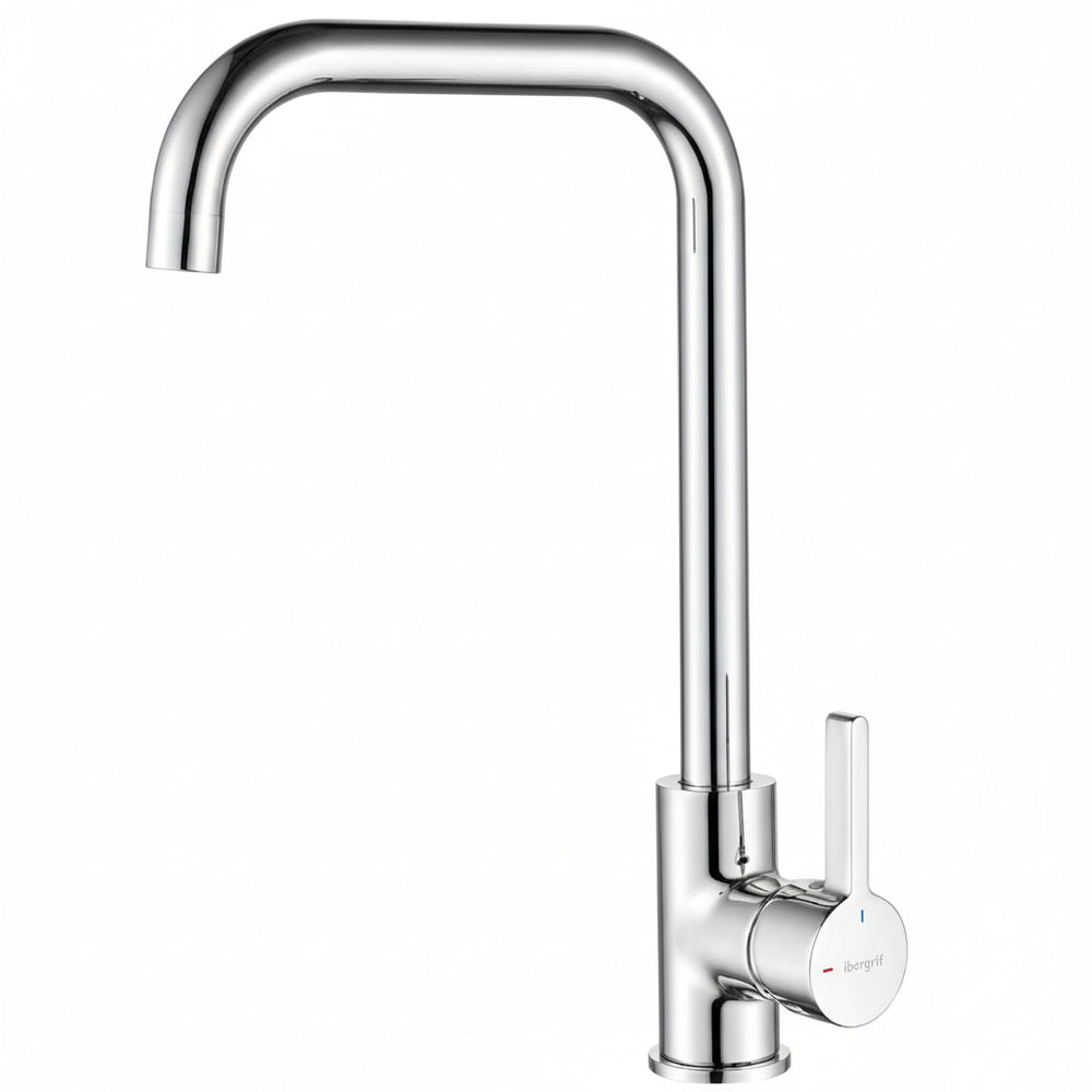 Mitigeur évier bec haut pivotant 360° chromé argent, monocommande, cartouche céramique