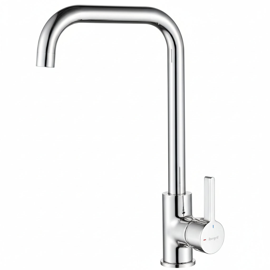 Mitigeur évier bec haut pivotant 360° chromé argent, monocommande, cartouche céramique