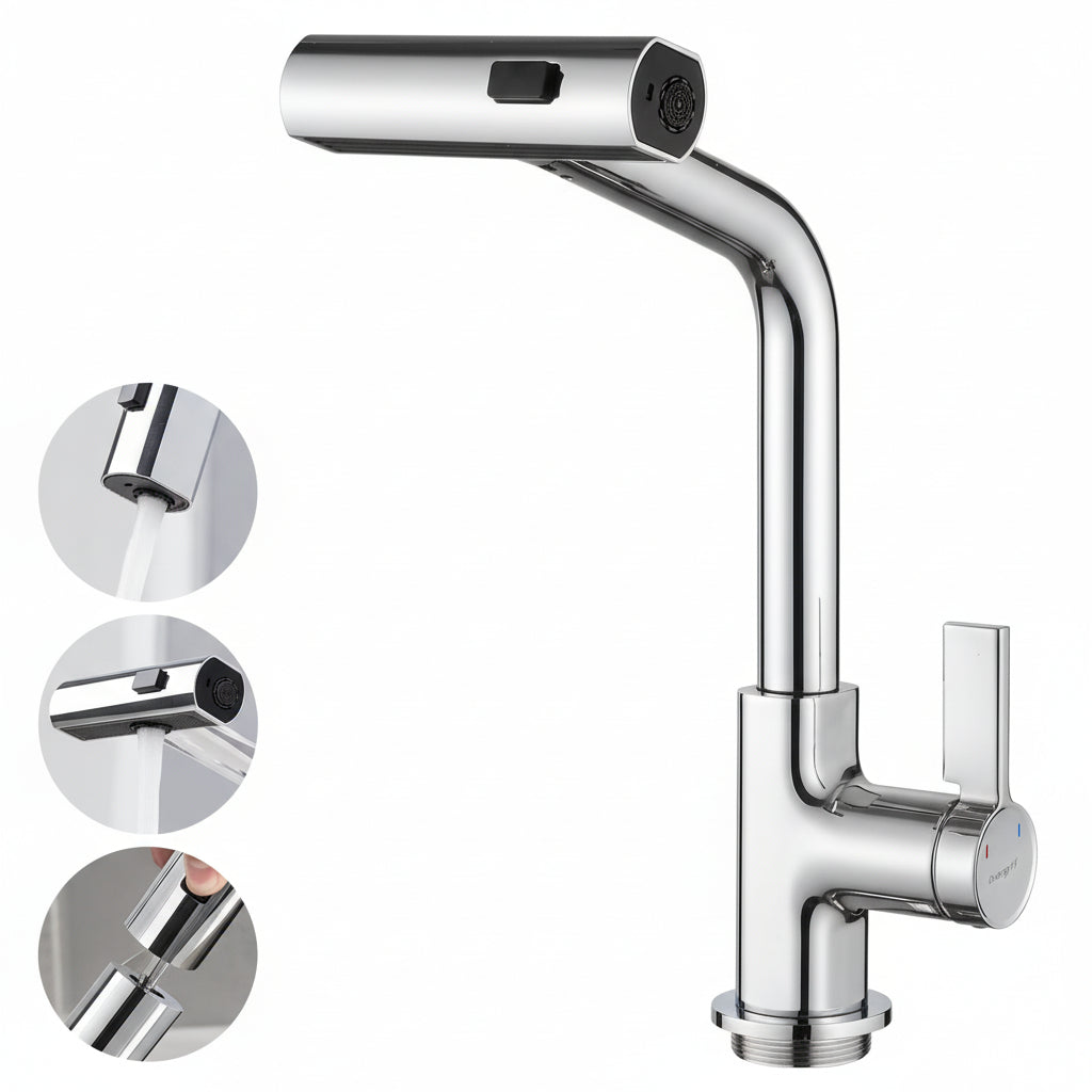 Robinet mitigeur cuisine chromé douchette extractible 40cm pivotant 360°, corps laiton