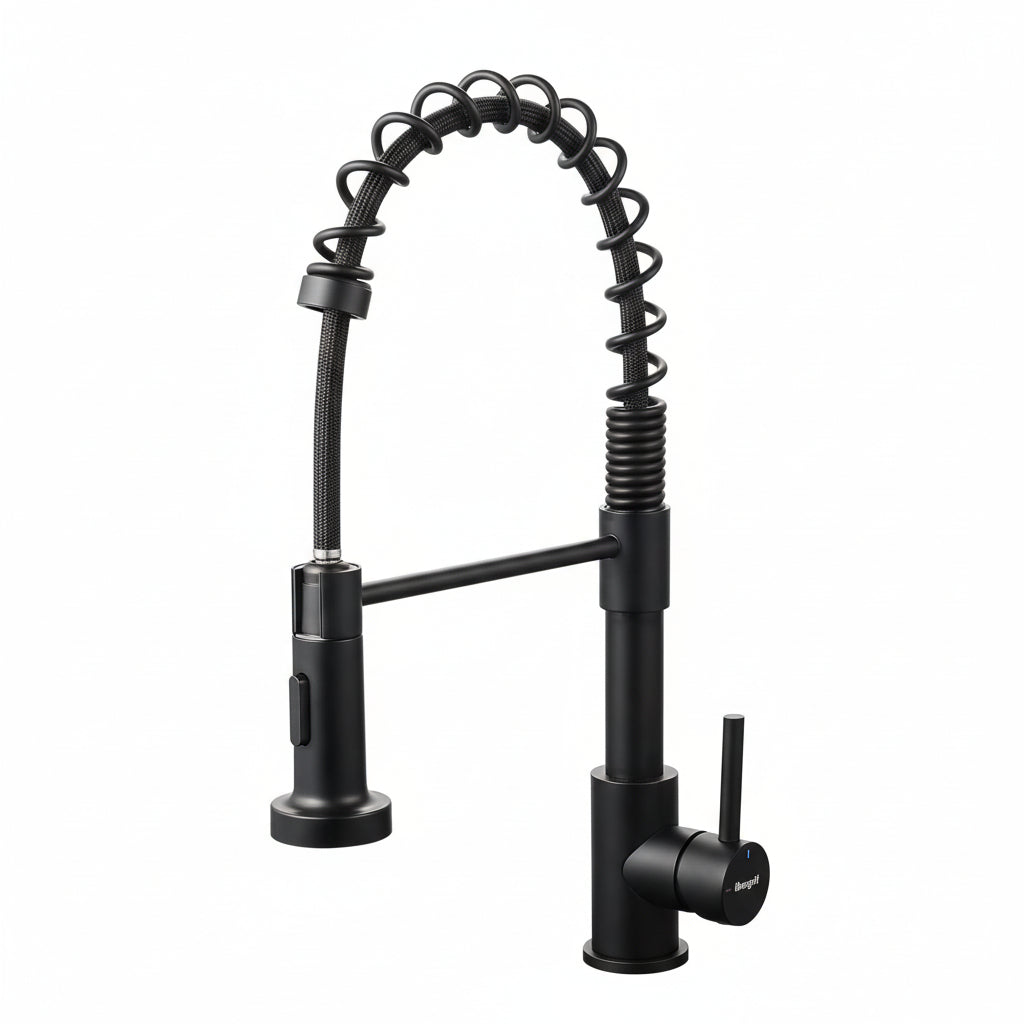 Robinet de cuisine arc élevé noir style industriel, douchette extensible 2 modes et rotation 360°