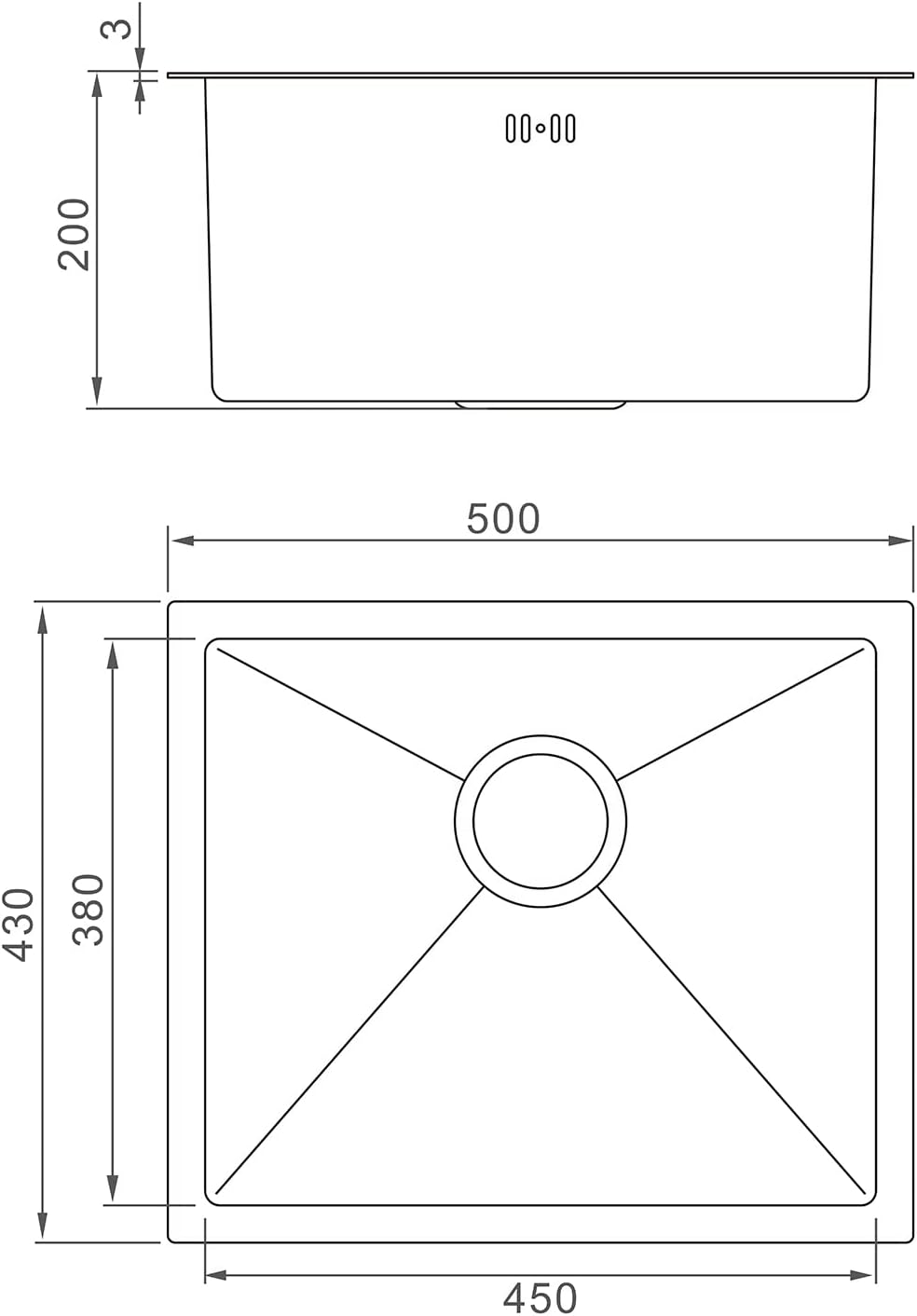 Évier cuisine : 1 bac 50x43 cm inox argent, profondeur 20 cm, encastrable ou sur plan et filtre de vidange inclus