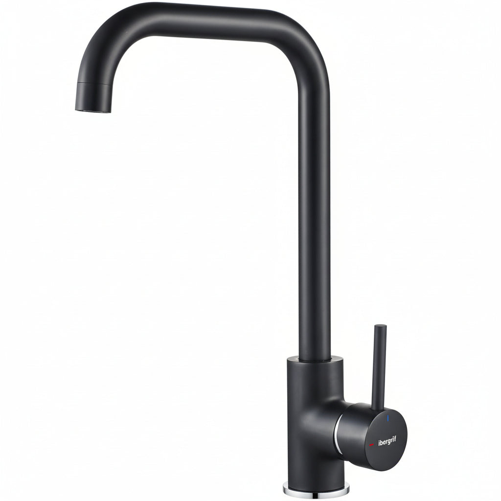 Mitigeur évier bec haut pivotant 360° noir mat, monocommande, cuisine contemporaine