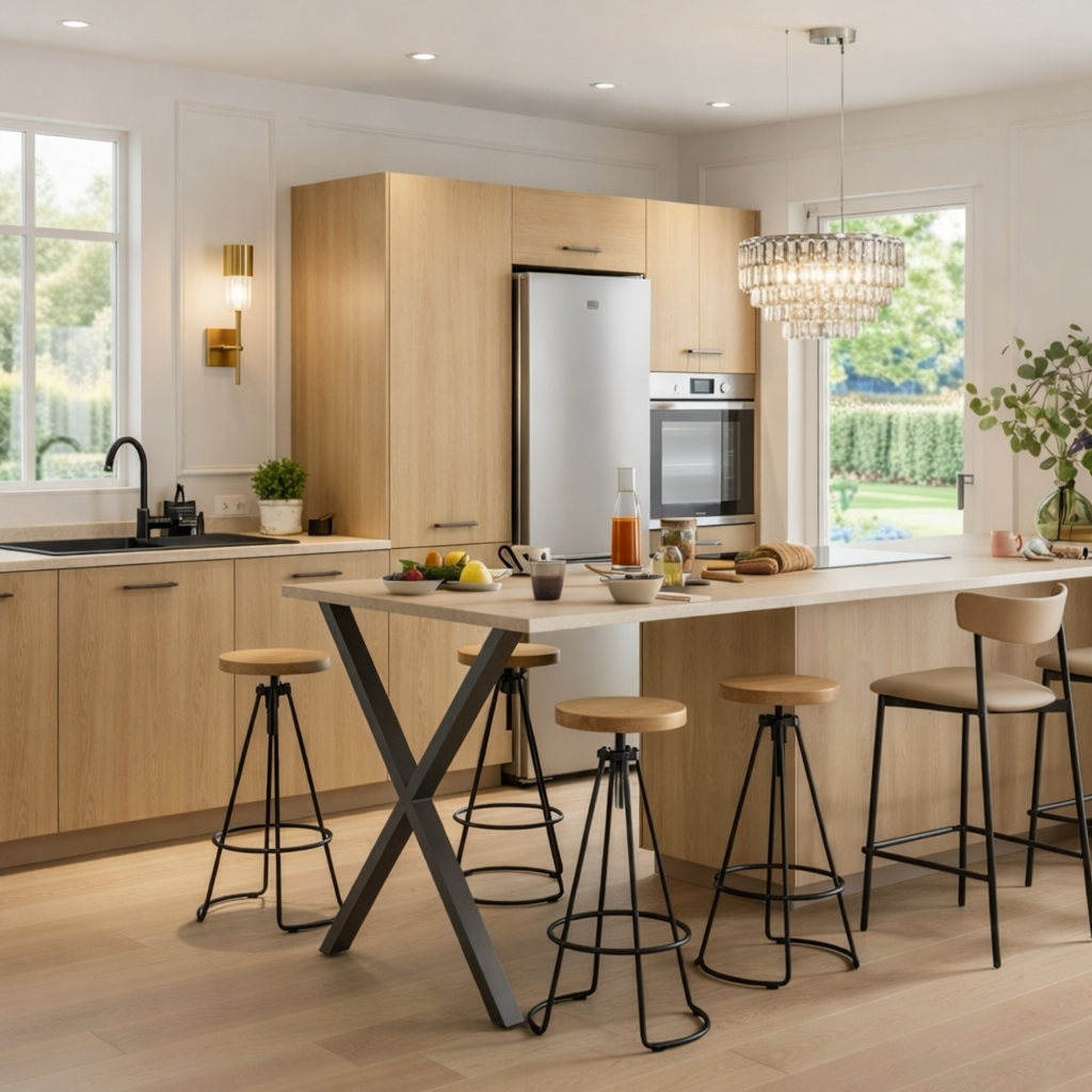Cuisine ouverte avec îlot central texturé, agencement linéaire clair et organisé