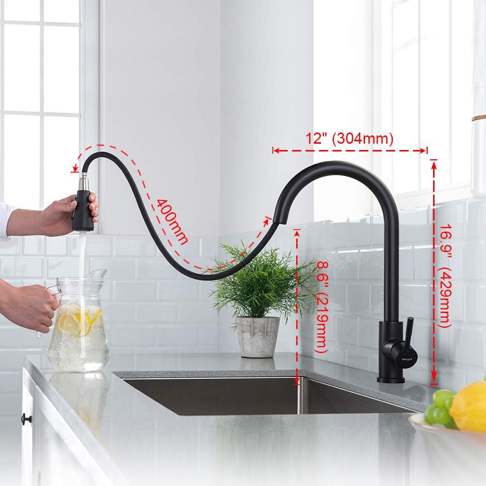 Robinet cuisine : Arc élevé 360° avec douchette extractible 3 modes noir, technologie Cold Start et kit installation inclus