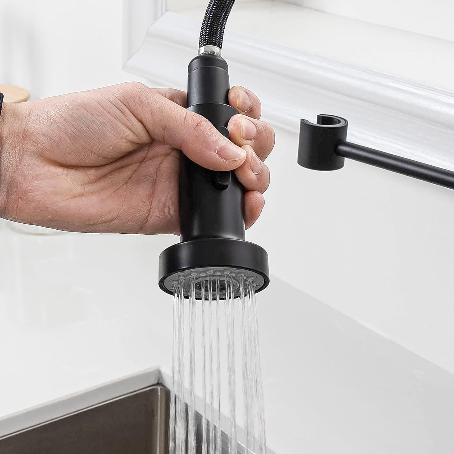 Robinet cuisine : Arc élevé ressort 360° avec douchette extensible 2 modes noir, Cold Start et kit installation inclus
