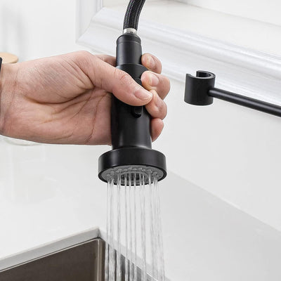 Robinet cuisine : Arc élevé ressort 360° avec douchette extensible 2 modes noir, Cold Start et kit installation inclus