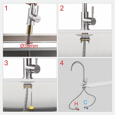 Mitigeur évier cuisine : Bec haut pivotant 360° inox gris brossé, monocommande, cartouche céramique et kit installation inclus
