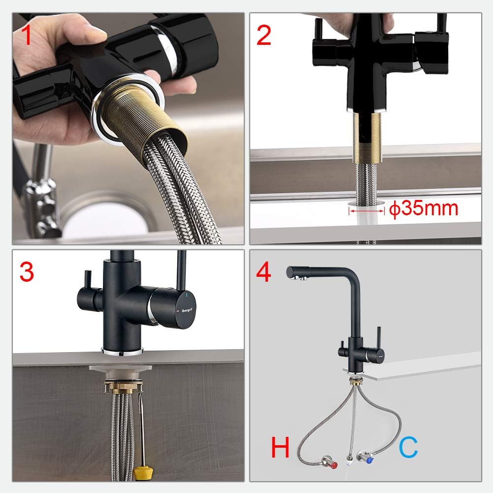 Robinet cuisine 3 voies : Double poignée pivotant 360° noir, compatible eau filtrée potable, cartouche céramique et kit installation inclus
